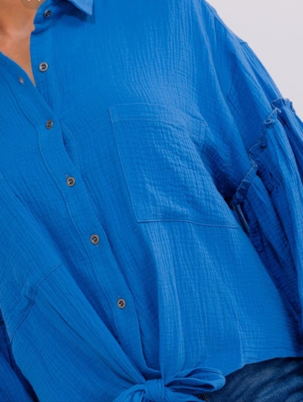Peach Love California Teal Blue Balloon Sleeve Button Up Tie Front Top Bohemian - Picture 3 of 8